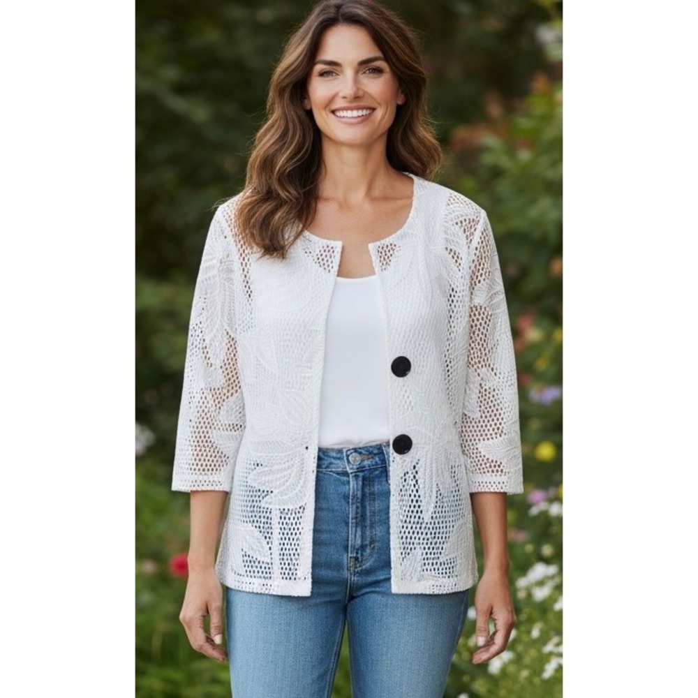 Multiples XL White Mesh Floral Lace Embroidered Buttoned Jacket Coastal Coquette